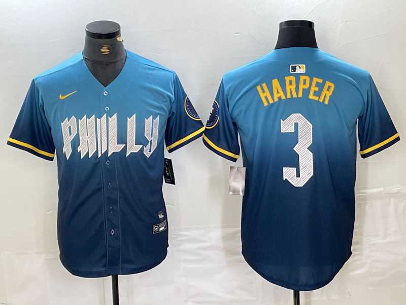 Men%27s Philadelphia Phillies #3 Bryce Harper Blue 2024 City Connect Limited Stitched Jersey